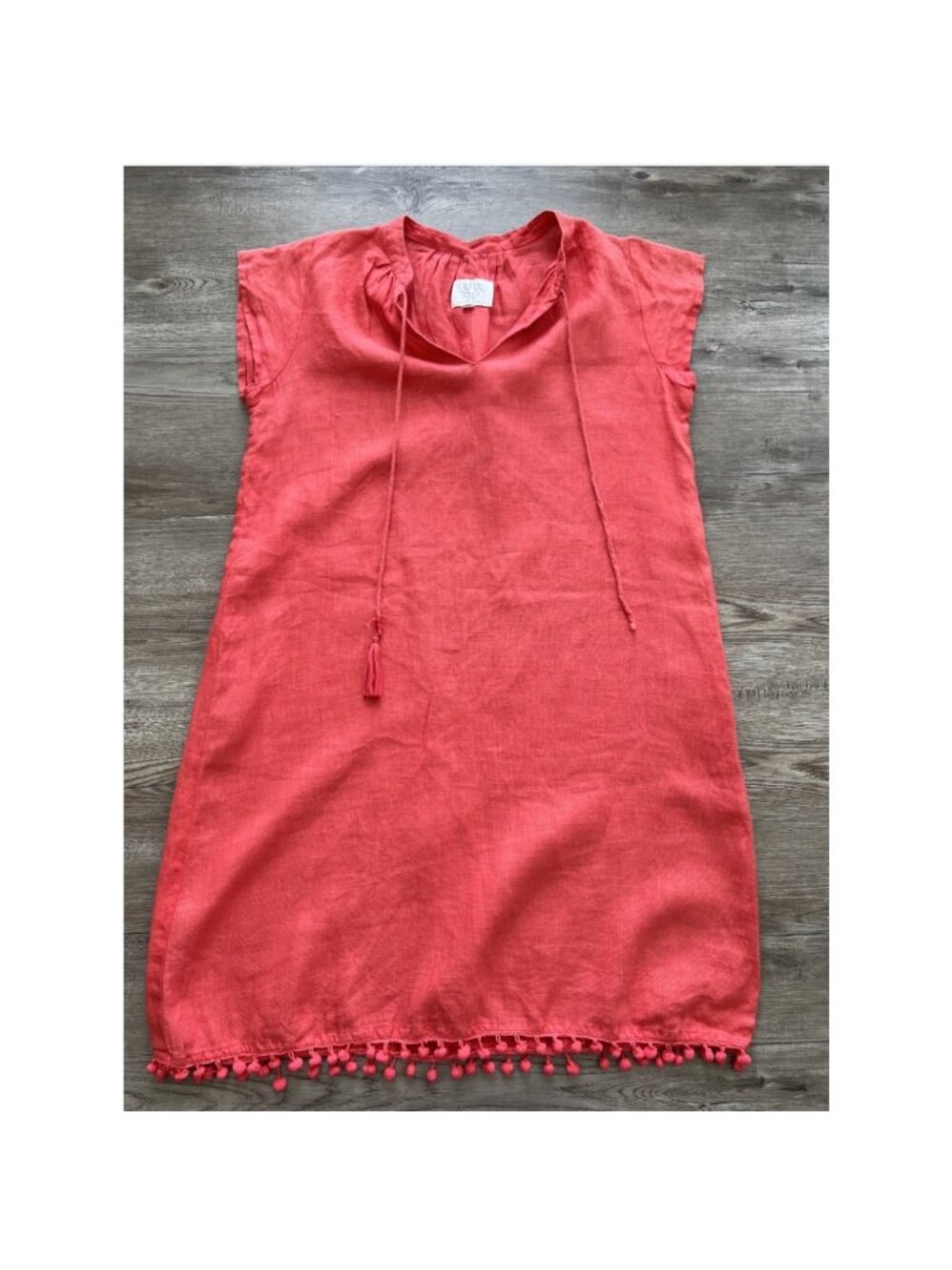 Pomegranate 100% Linen Shift Dress Womens M Orange Cap Sleeve Tassel Hem